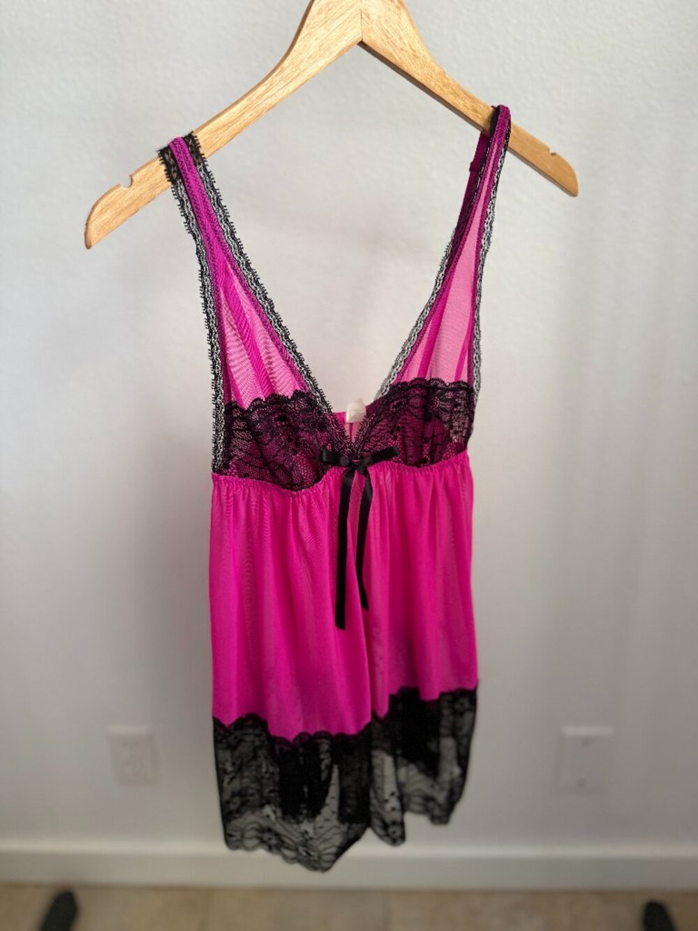 Hot Pink Mesh Black Eyelash Lace Babydoll Slip Nightgown Size S